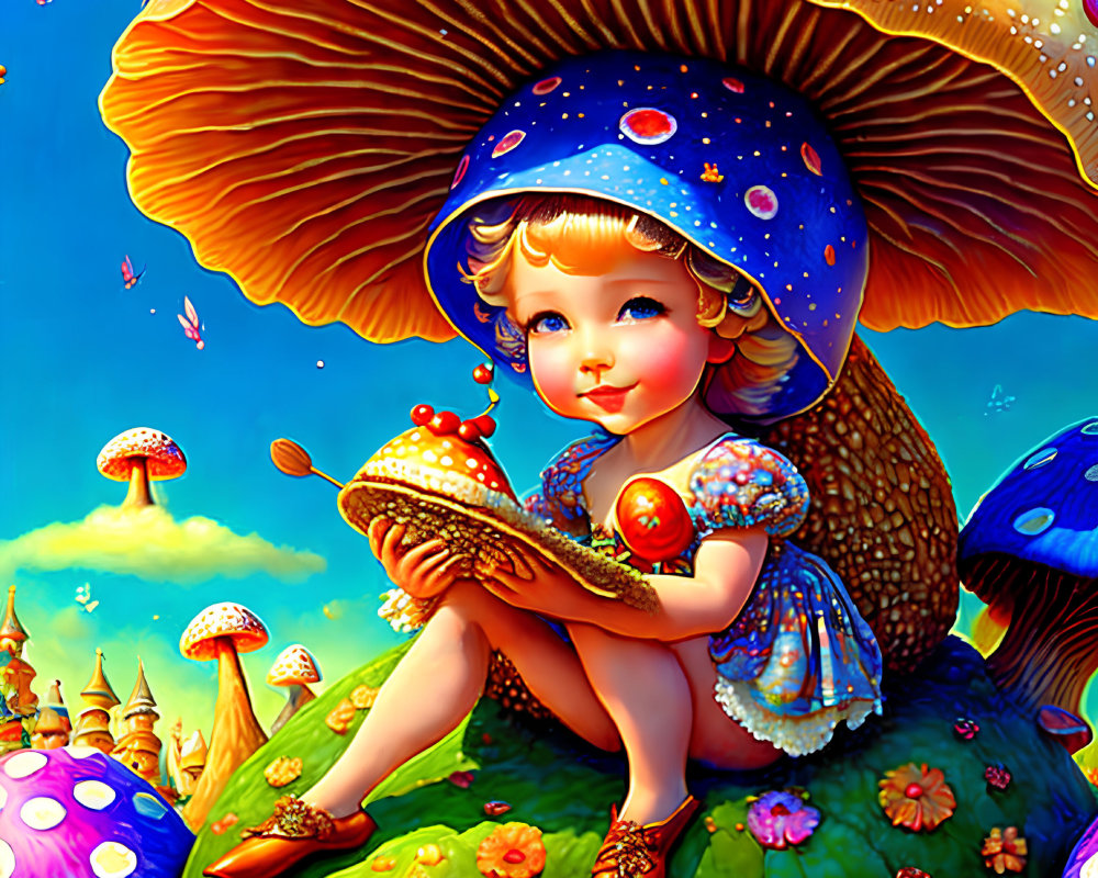 Colorful Illustration of Child with Mushroom Hat in Fantasy Landscape