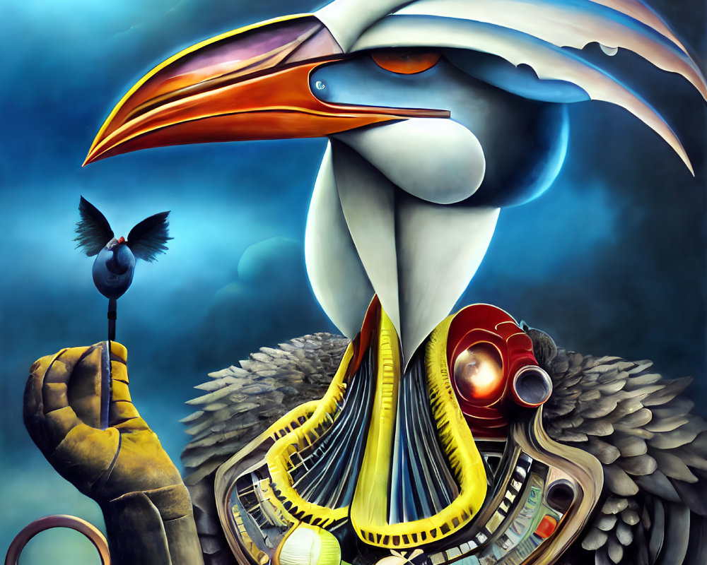 Colorful Surrealist Painting: Mechanical Pelican with Intricate Inner Workings Holding a Bird in Moon