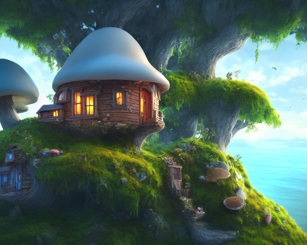 Fantasy landscape with mushroom-shaped house in fog-covered setting