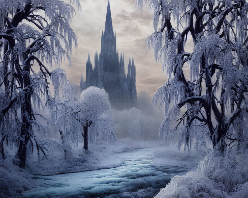 Frozen river, castle, snow-covered trees in twilight scene