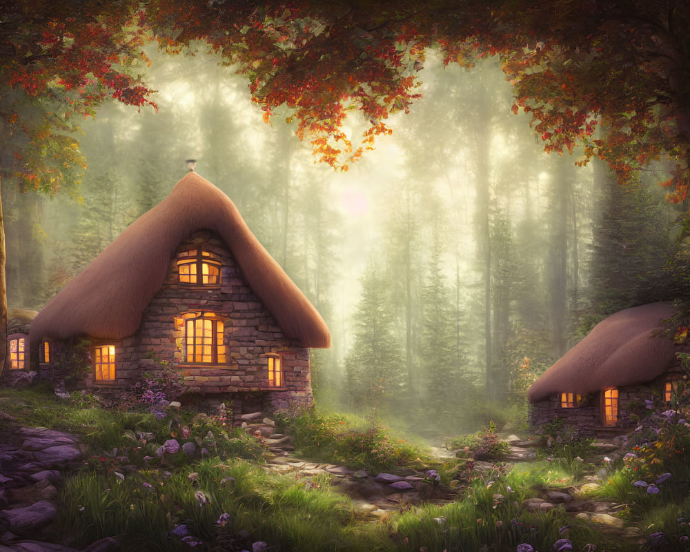 Tranquil forest glade with thatched-roof cottages at dusk amid autumn trees.