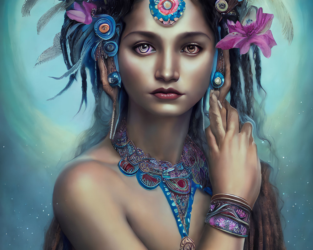 Portrait of Woman with Mystical Accessories and Celestial Background