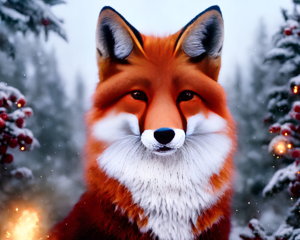 Detailed digital artwork of anthropomorphic fox in snowy forest