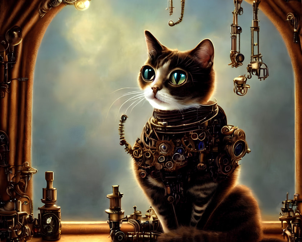 Steampunk-style illustration of mechanical cat in industrial room