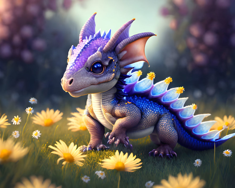 Colorful Dragon Among Daisies in Fairytale Scene