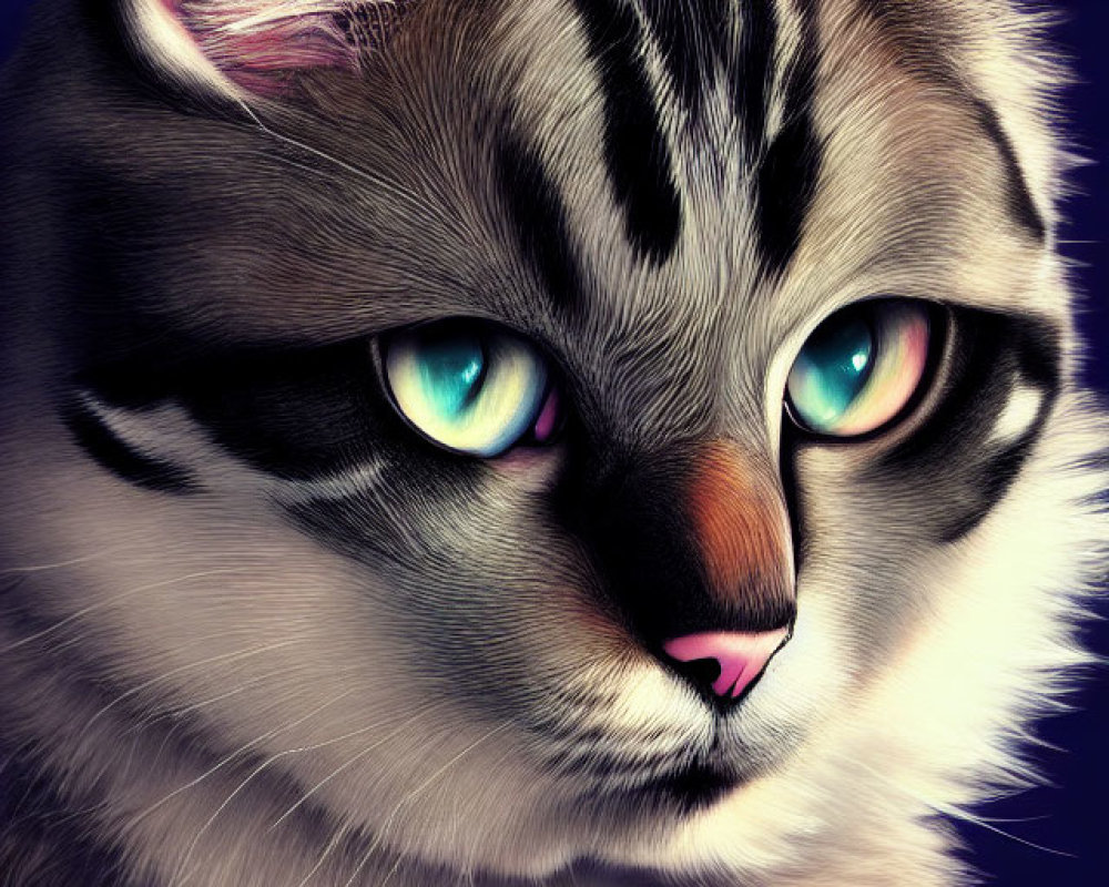 Detailed digital artwork: Cat with blue-green eyes, gray fur, pink ears on dark blue.