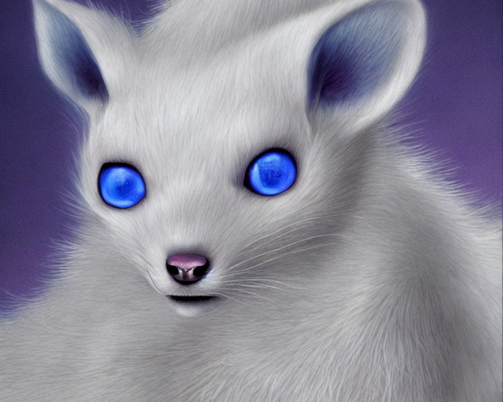 Fantasy creature with fluffy white fur and blue eyes on purple background