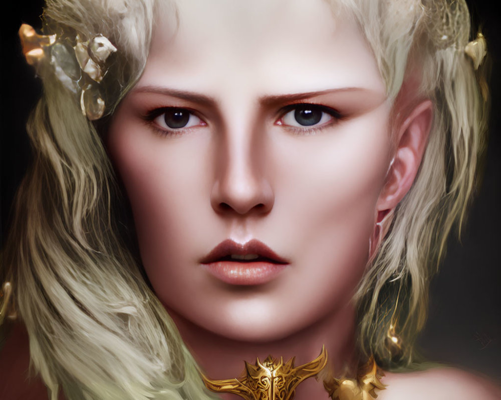 Fantasy character portrait: pale skin, blue eyes, blonde hair, golden accents.