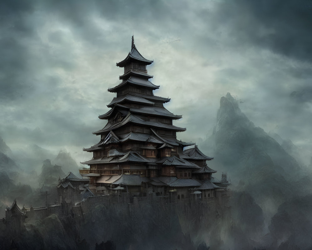 Ancient pagoda in misty mountains under dramatic sky