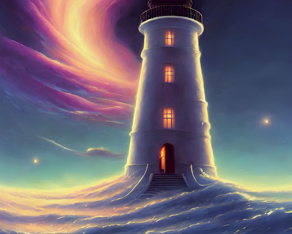 Illustrated lighthouse in twilight ocean scene with purple clouds and stars