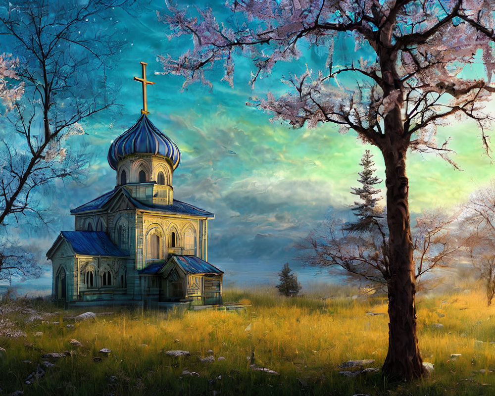 Traditional church surrounded by blooming cherry trees under vibrant sky