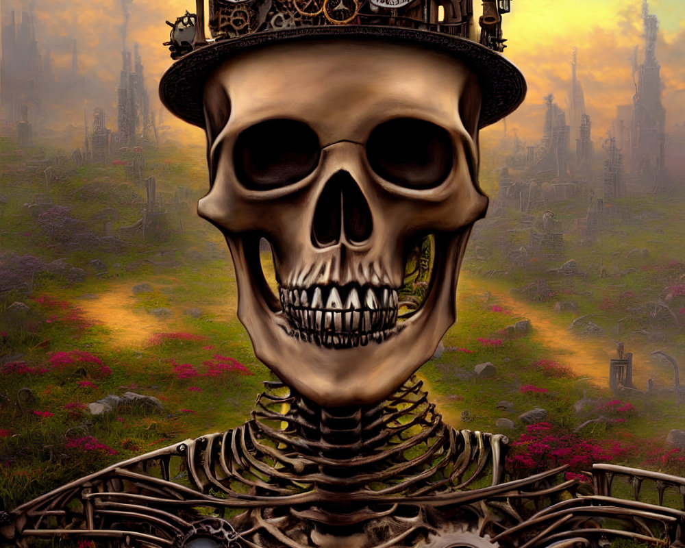 Surreal artwork: Skeleton with clockwork crown in dystopian landscape