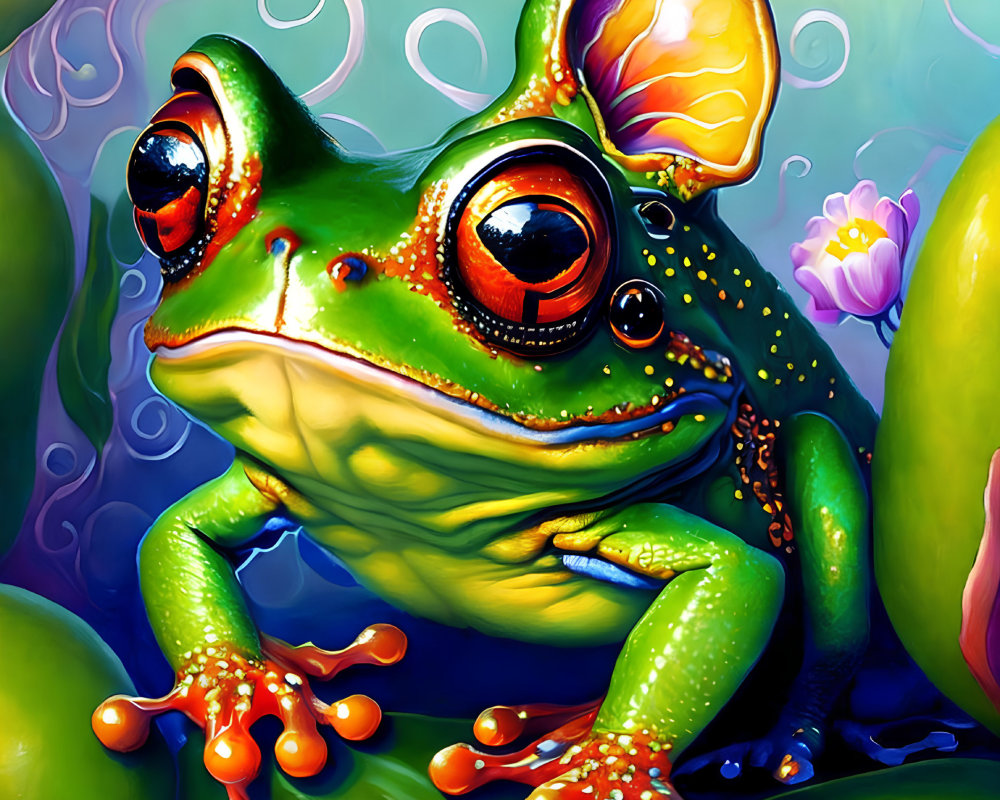 Vibrant green frog illustration on floral blue-green backdrop