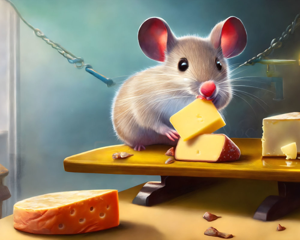 Cartoon mouse holding yellow cheese on wooden board