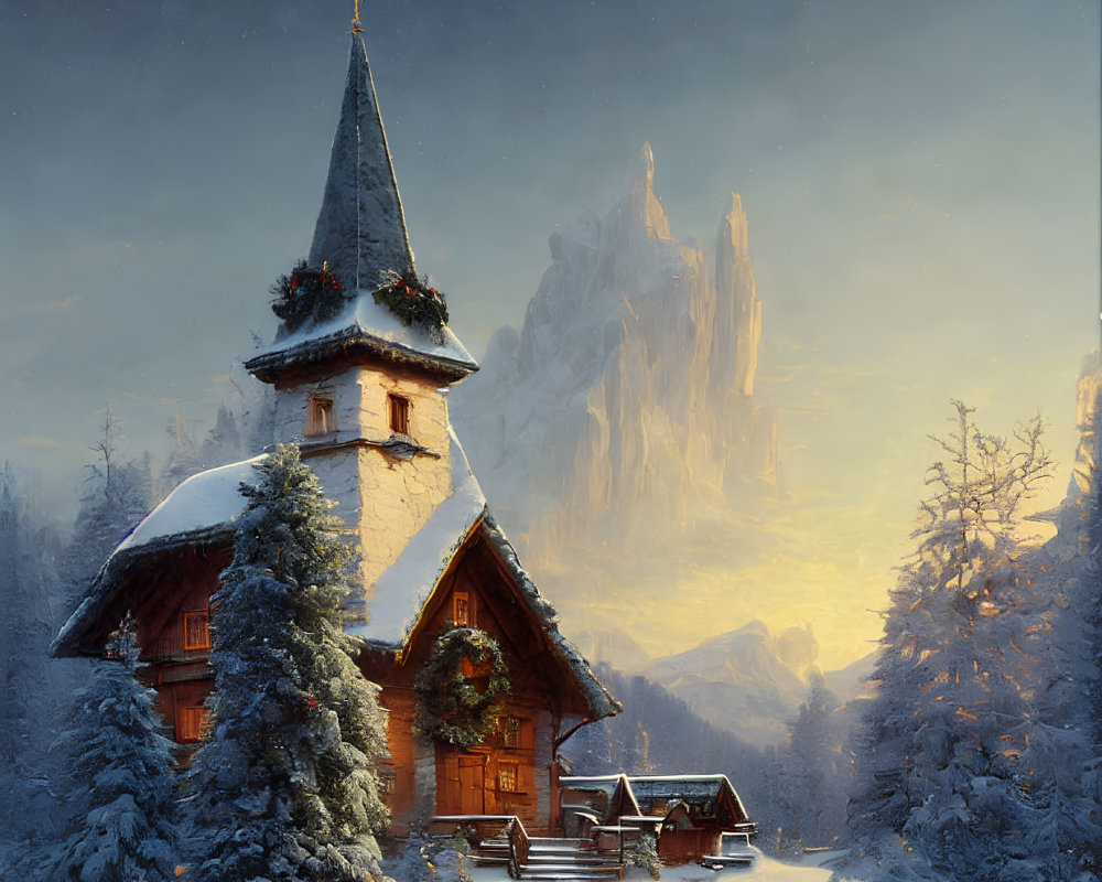 Snow-covered chapel with lit steeple in snowy landscape at dusk