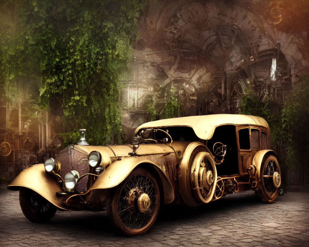 Vintage sepia-toned car in cobbled alleyway with steampunk backdrop