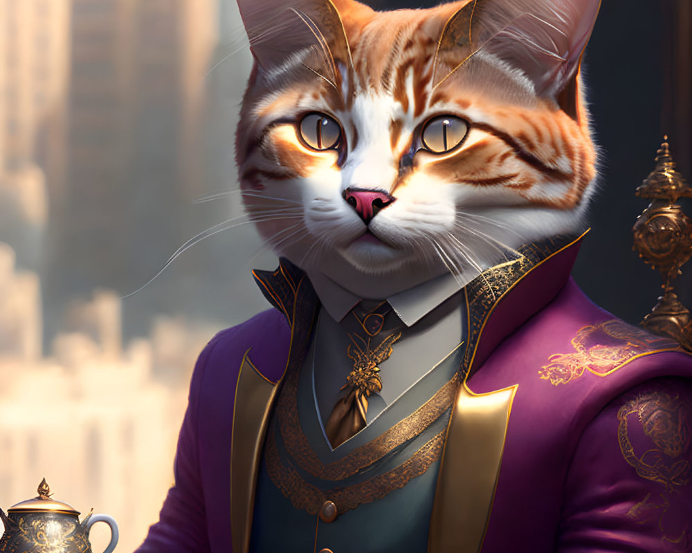 Regal anthropomorphic cat in purple jacket holding teapot against urban backdrop