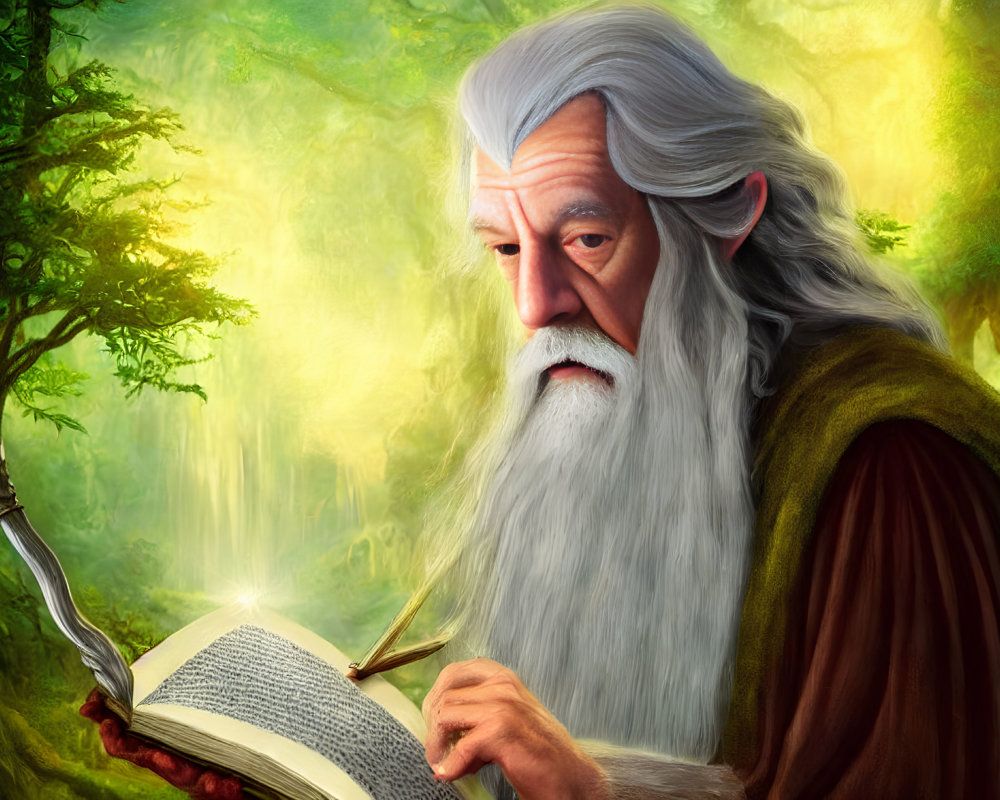 Illustration of wise old man reading book in magical forest