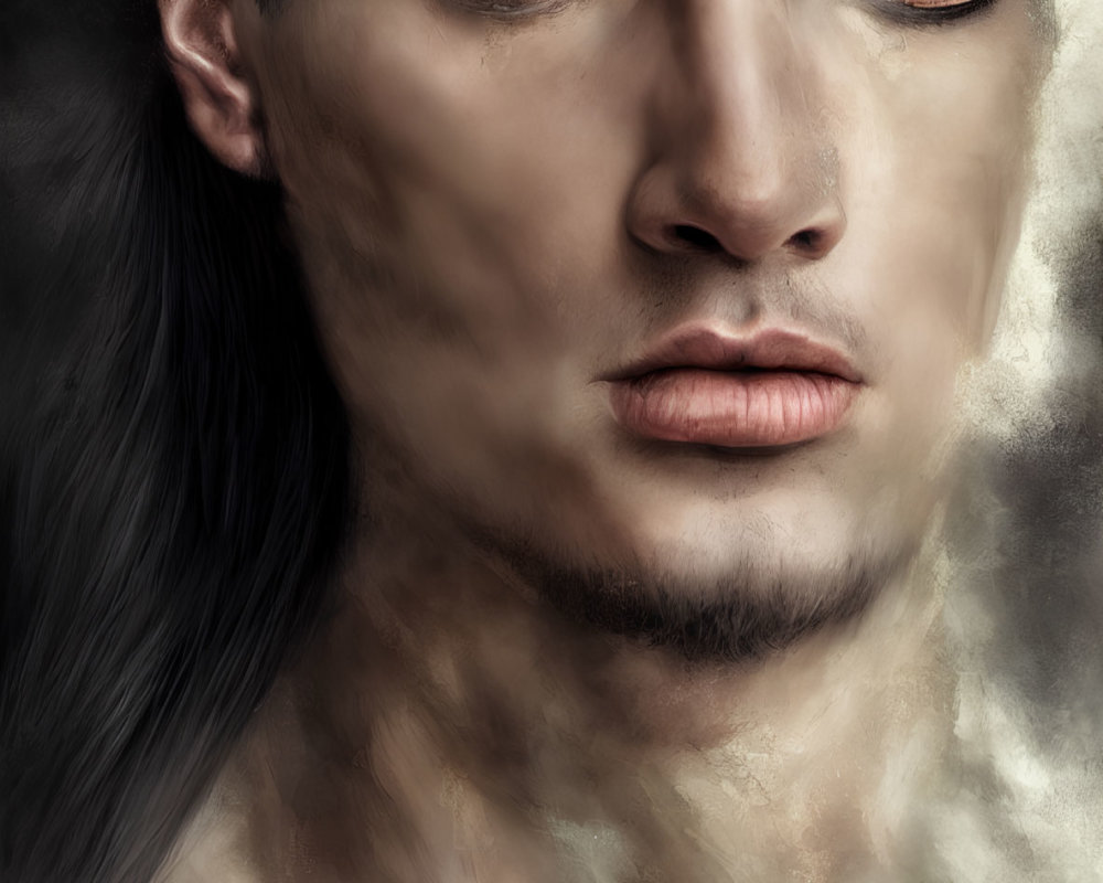 Digital painting of person with long dark hair, amber eyes, and blue snake.