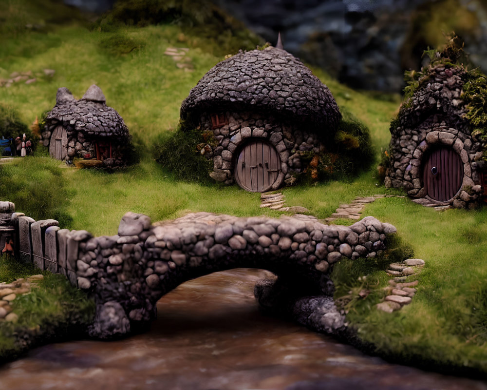 Miniature hobbit-like houses with stone bridge and lush greenery