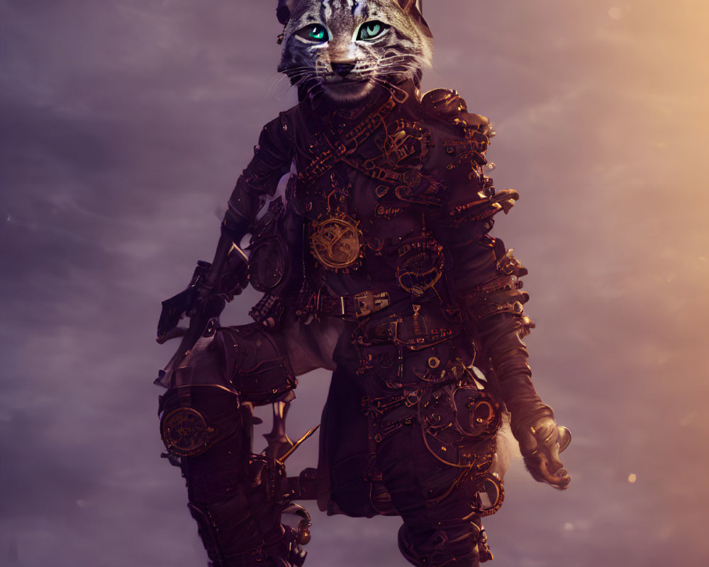 Steampunk-themed anthropomorphic cat with cogs and gears in dusky sky.