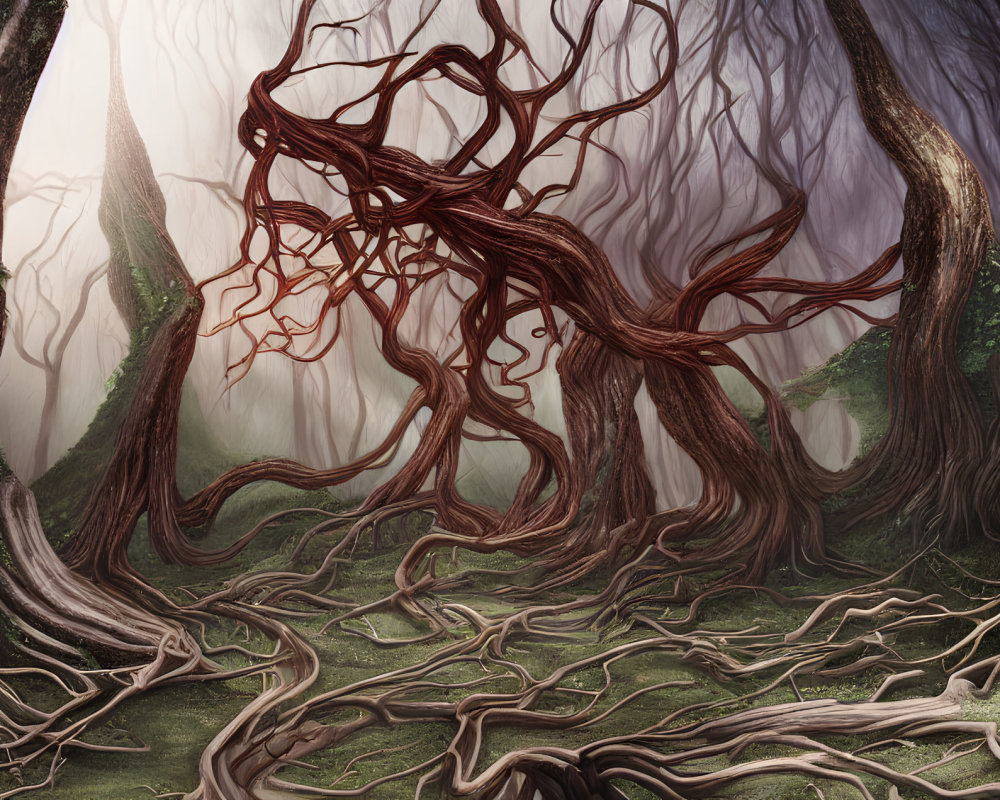 Ethereal forest with twisted trees in mystical fog