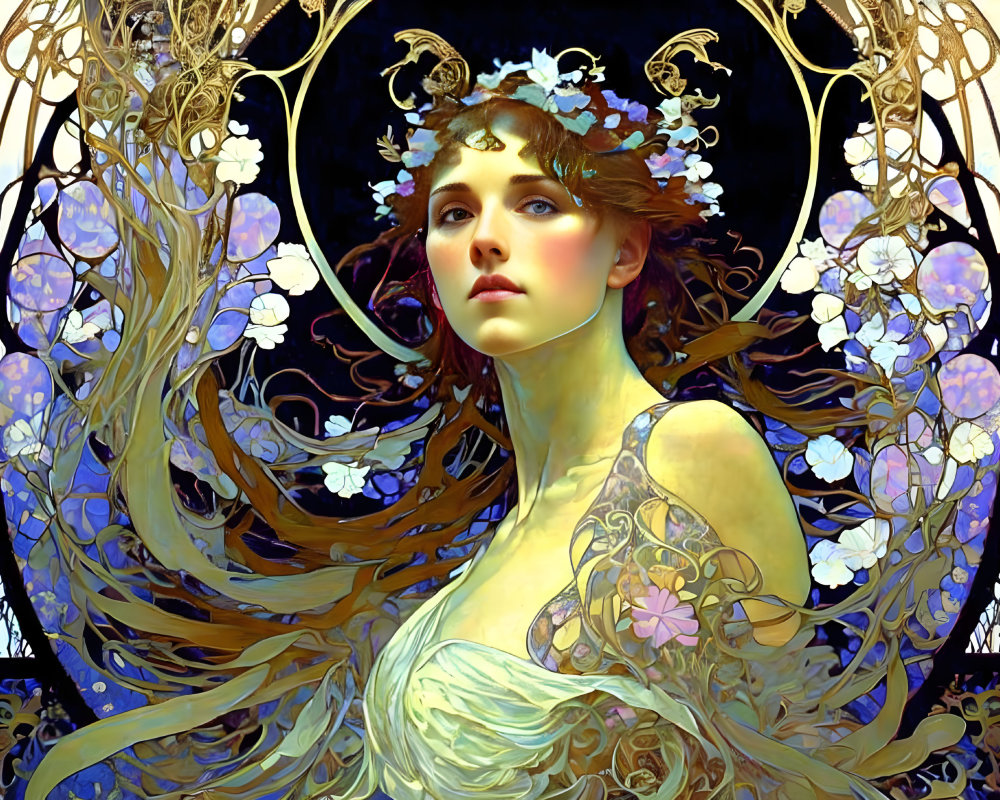 Art Nouveau Woman Illustration with Blue and Gold Floral Pattern