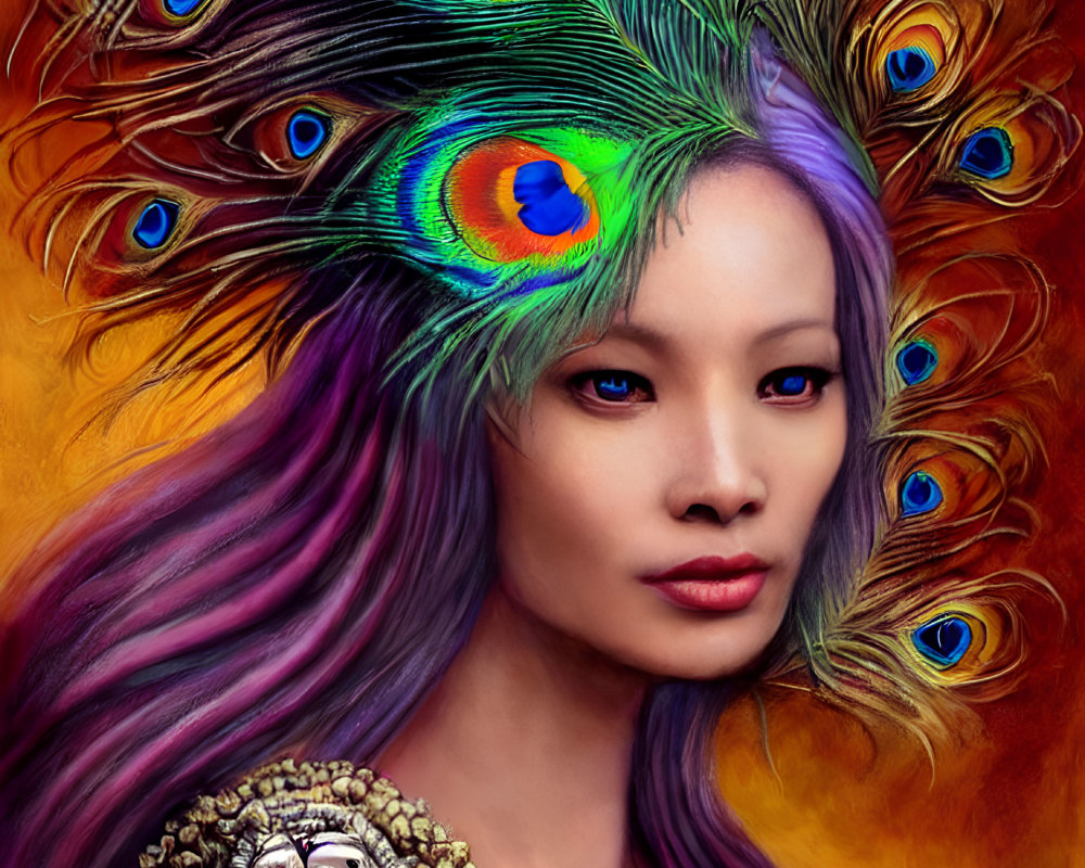 Digital Artwork: Woman with Purple Hair in Peacock Feather Headdress