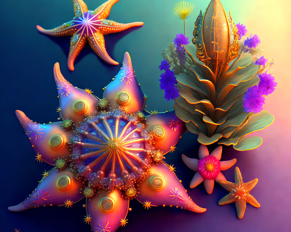 Vibrant digital artwork of starfish and sea plants on blue-orange gradient.