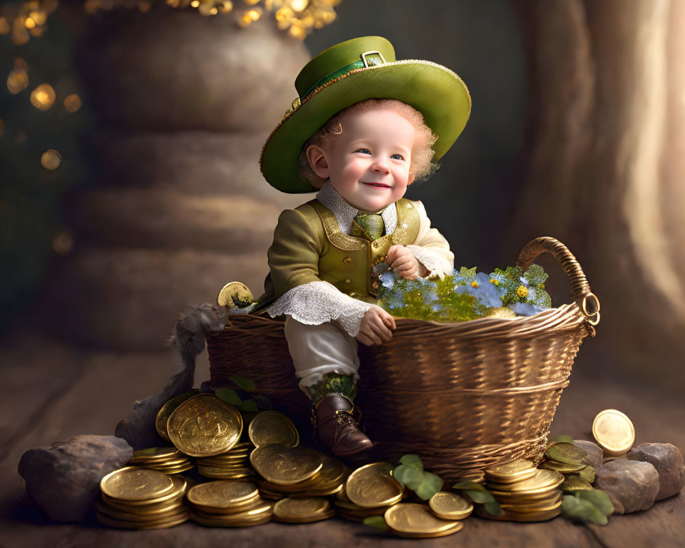 Adorable Baby in Leprechaun Outfit Surrounded by Gold Coins, Flowers