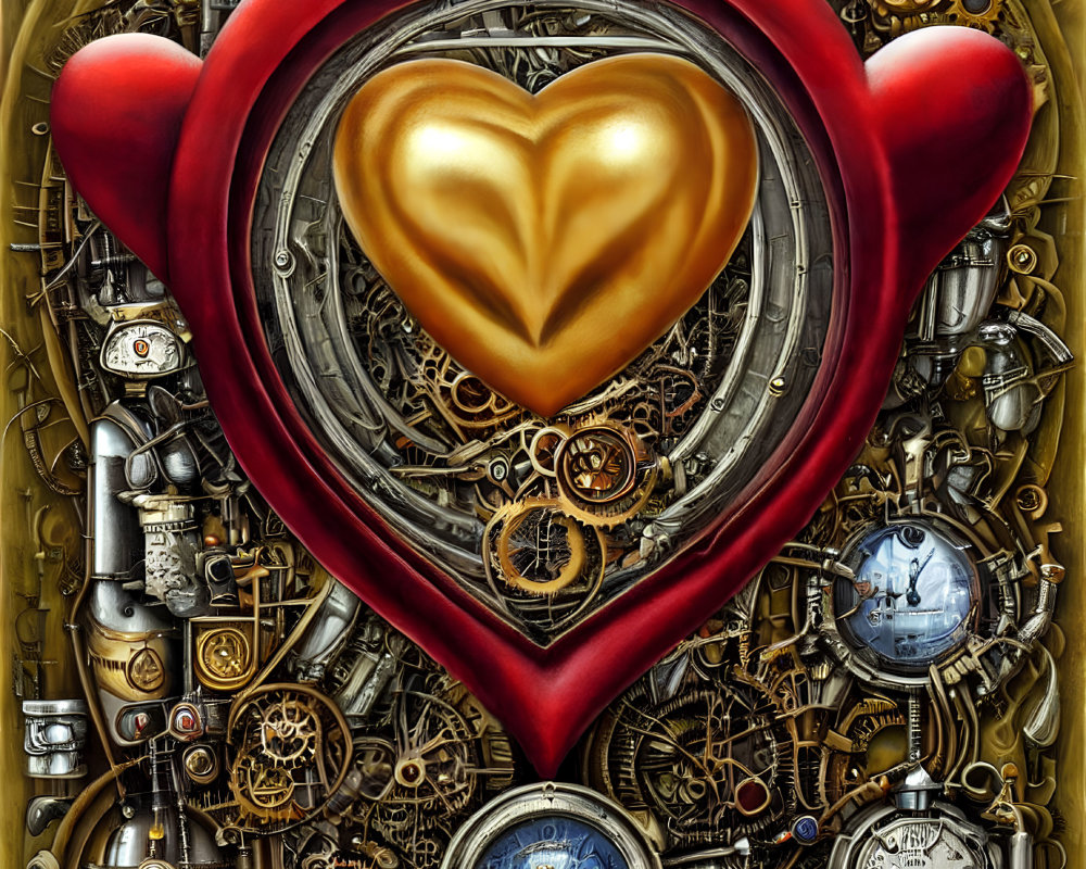 Surreal golden heart surrounded by gears and clocks on yellow background