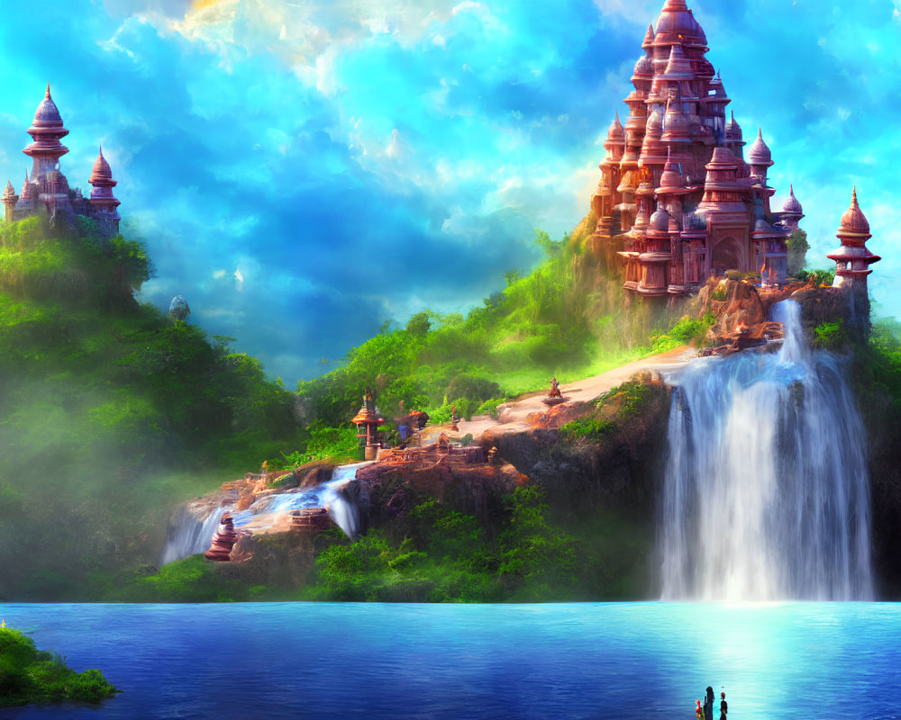 Majestic waterfall cascading into serene blue lake with ancient towers on lush green cliffs