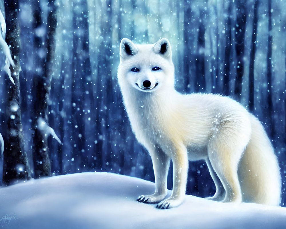 White Fox in Snowy Forest with Falling Snowflakes and Blue Eyes