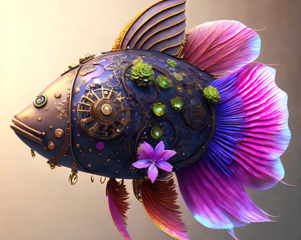 Intricate steampunk fish with metalwork, gears, pink and blue fins