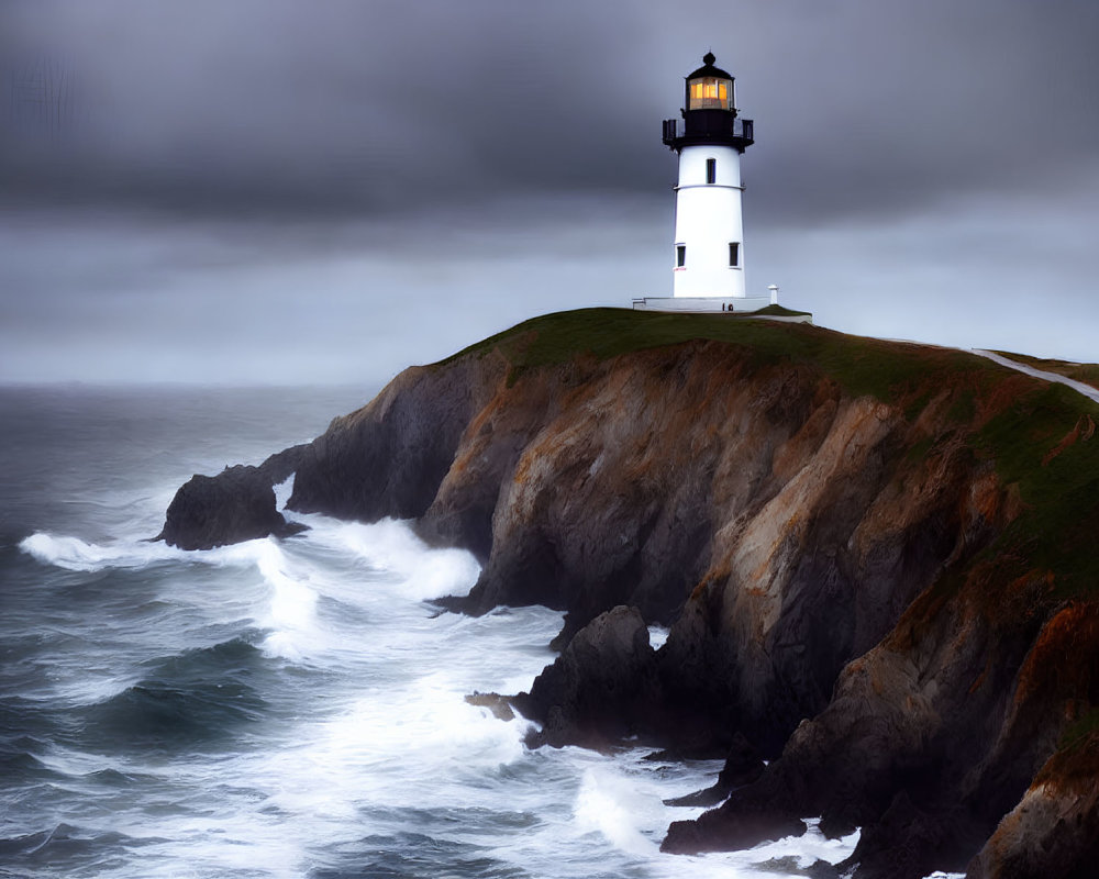 Rugged cliffs with a lighthouse and crashing waves under overcast sky