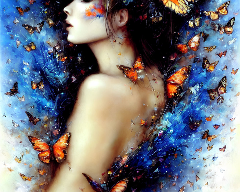 Profile of woman with butterflies, dreamy aesthetic