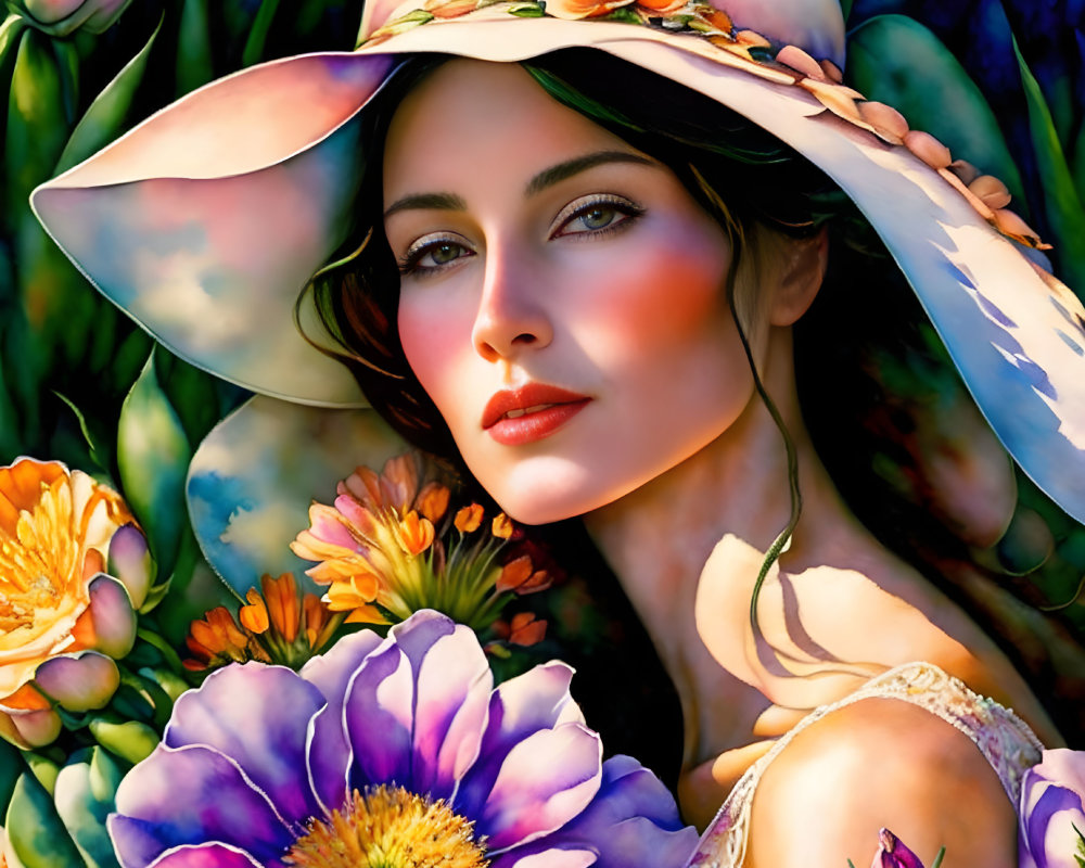 Woman portrait with dark hair, rosy cheeks, wide-brimmed hat, and floral background