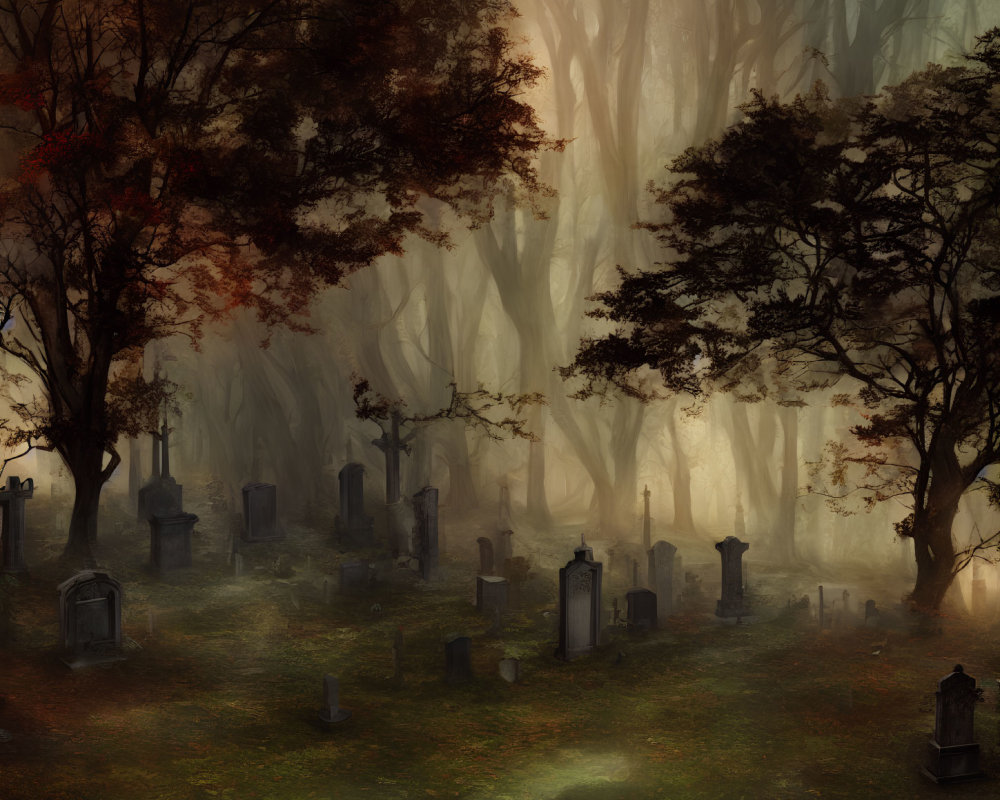 Foggy graveyard in autumn forest with tall ghostly trees