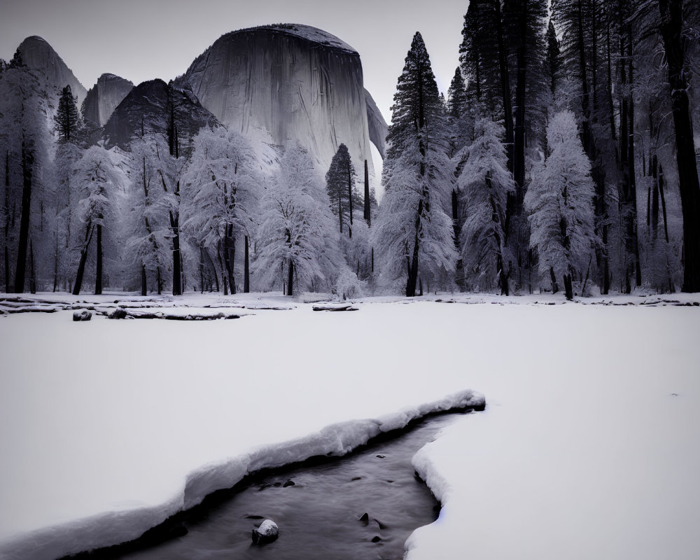 Snowy Landscape with Meandering Stream and Snow-Capped Mountain