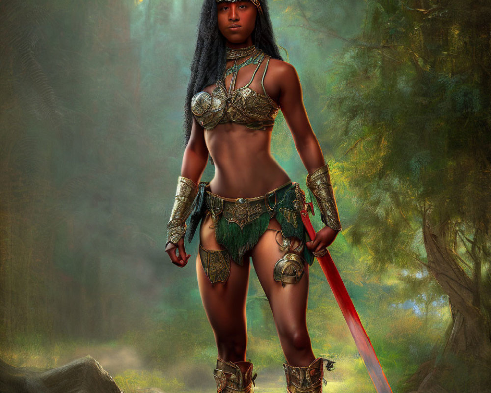 Warrior woman in ornate armor wields red sword in misty forest