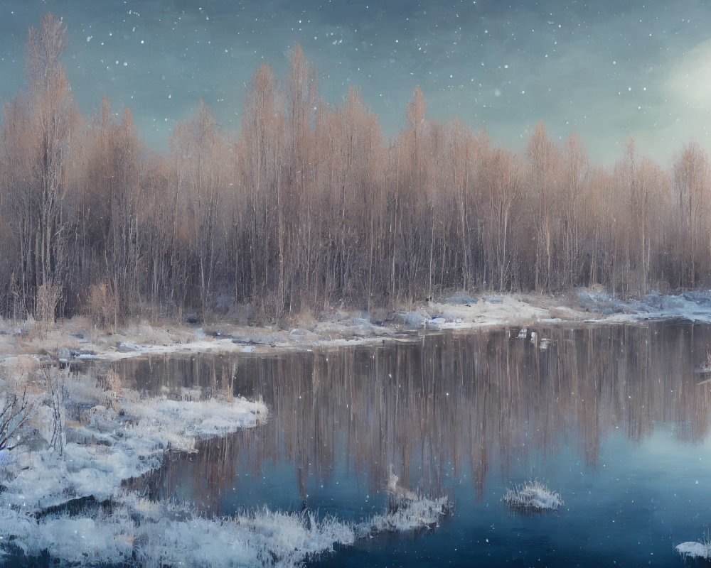 Winter forest reflected in river under starry sky with snow-covered banks