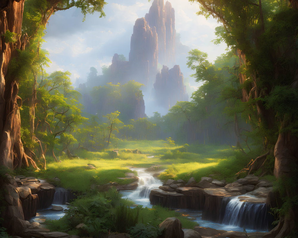 Tranquil landscape with stream, greenery, and rocky formation