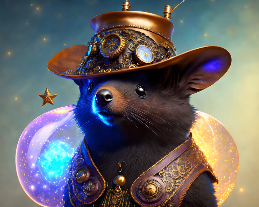 Steampunk-themed mouse illustration with magical orb and star.