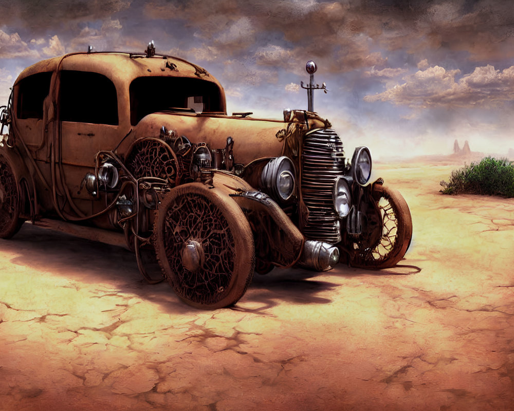 Steampunk-style vehicle on desert landscape with gears and pipes