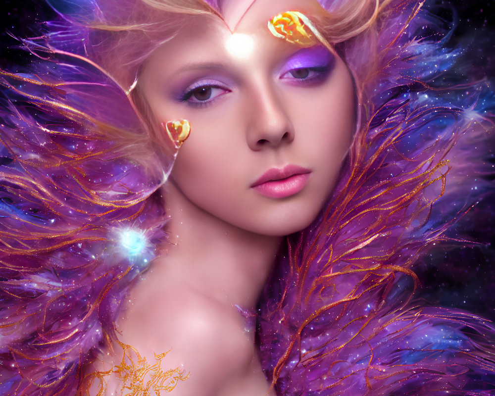 Mystical woman in purple and gold feathered attire with gem on forehead in starry scene