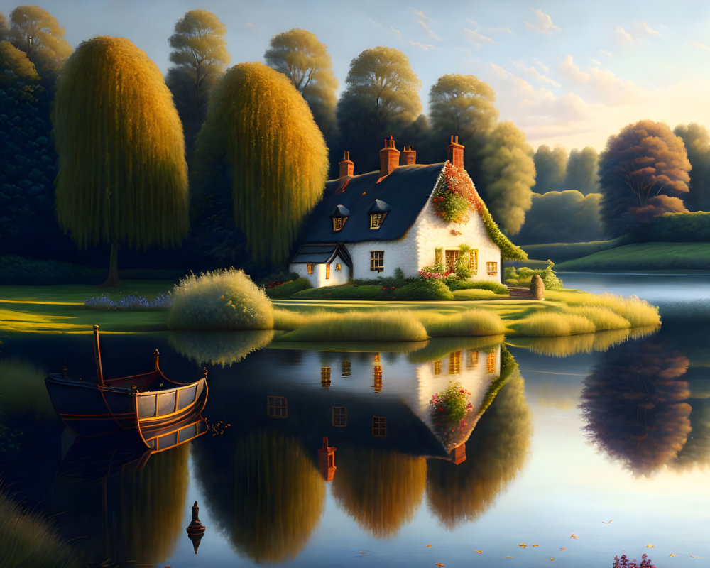 Tranquil Thatched Cottage by Calm Lake and Trees