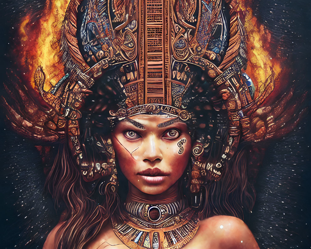 Striking-eyed woman in ornate headdress against cosmic backdrop