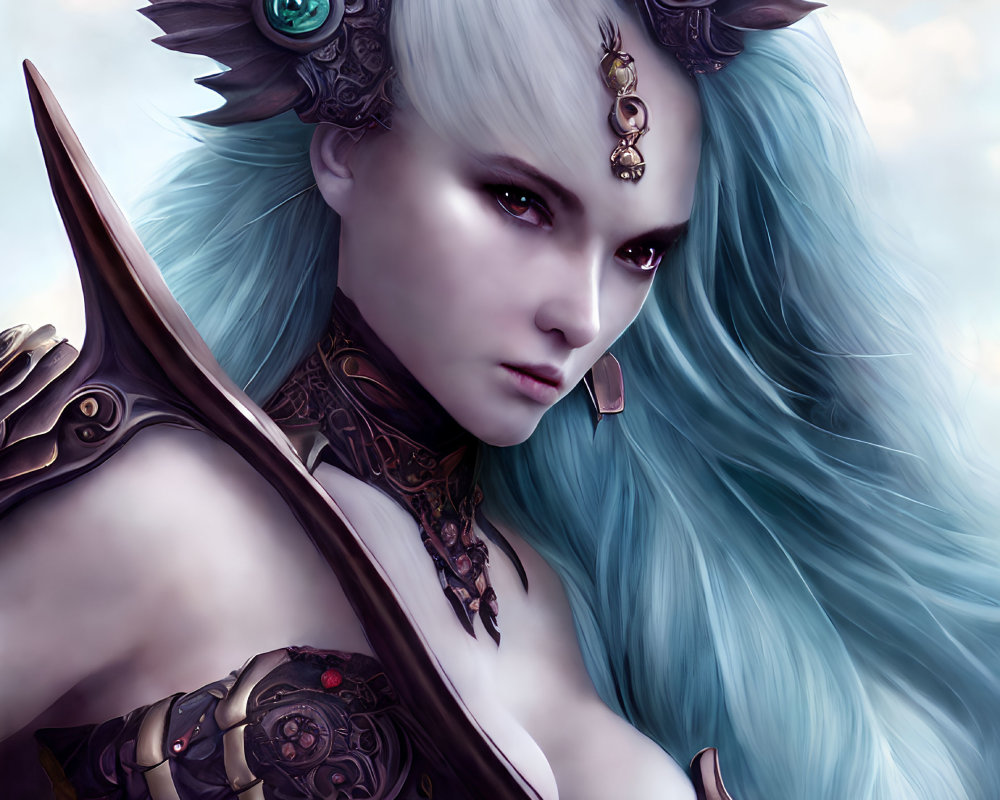 Fantasy Artwork: Pale-skinned Woman in Elaborate Owl-themed Armor