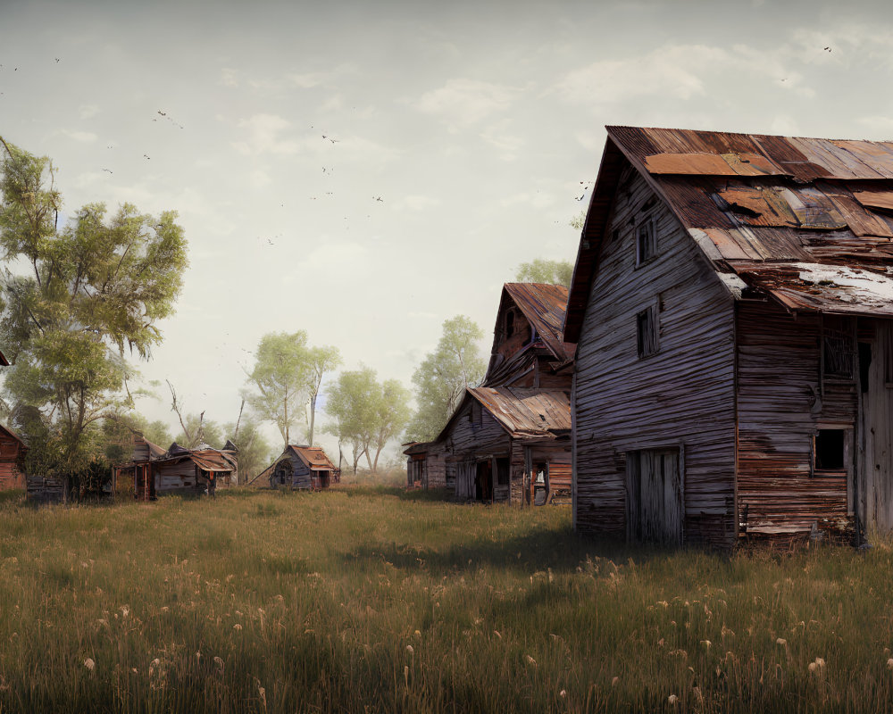 Dilapidated wooden buildings in rustic field under cloudy sky