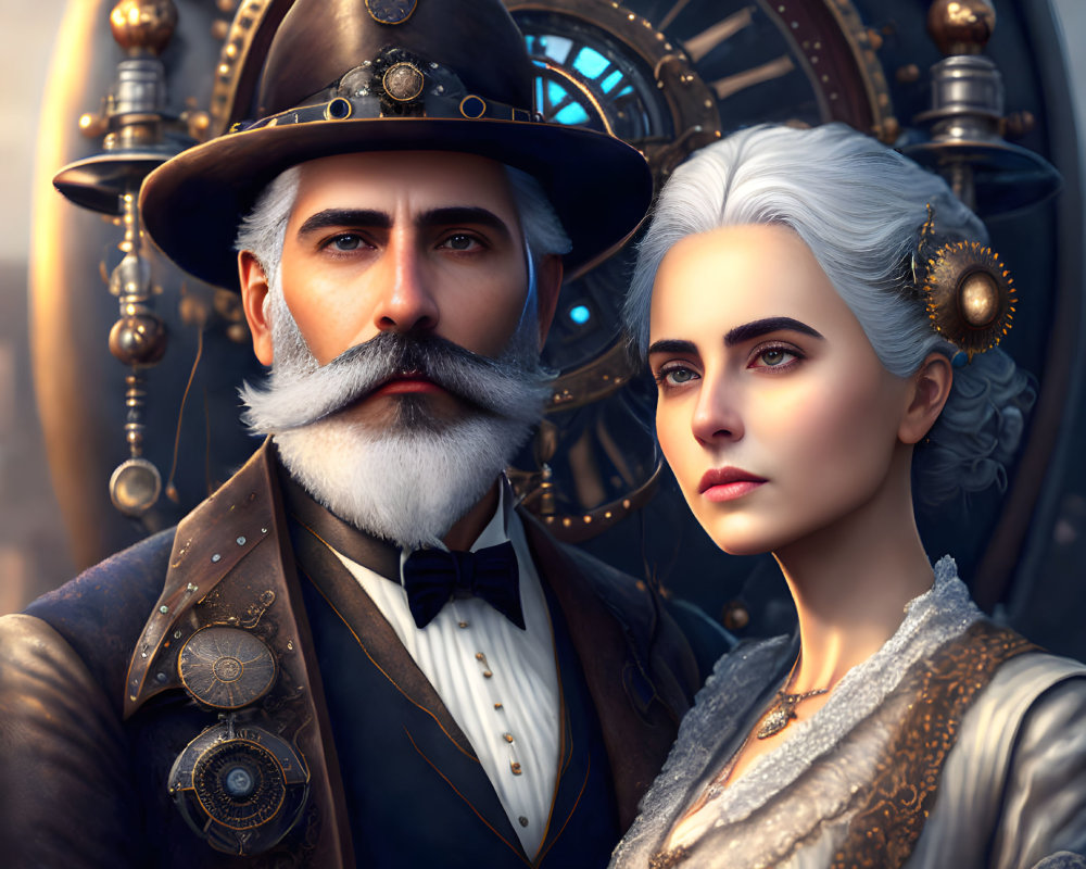 Victorian-era couple in steampunk attire with clockwork backdrop